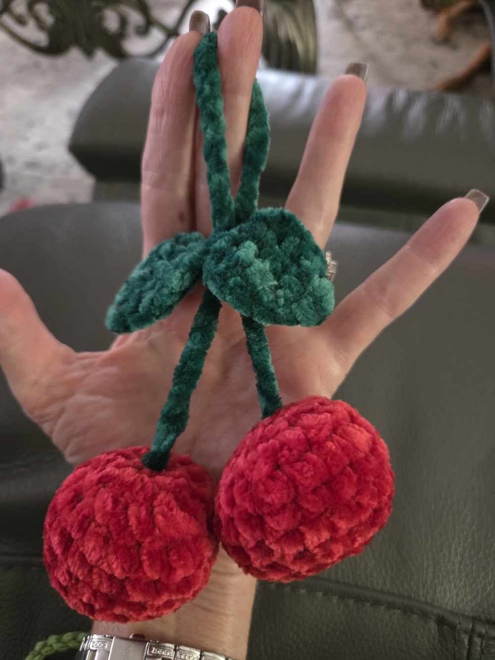 Plush Cherry Pom Pom Bag Charm - Green Leaves, Red Cherries And Strawberry Pic 1 - Picture 5 of 6